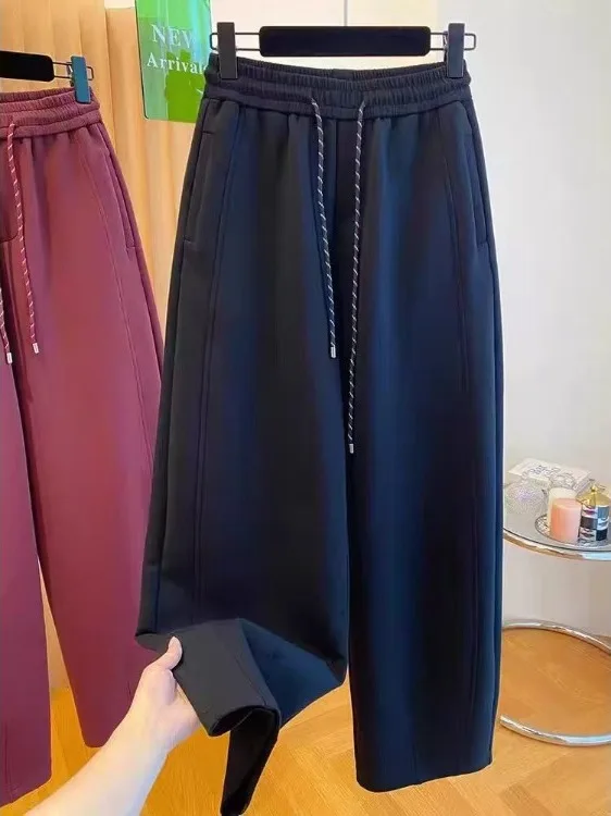 Cintura alta ey casual esportes calças de perna larga para mulheres outono na moda emagrecimento nove pontos calças confortáveis plus size