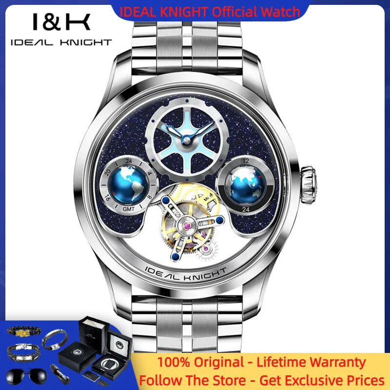 

IDEAL KNIGHT 6808 Men True Tourbillon Watch Luxury Blue Earth GMT Multi Time Zone Watch Hollow Automatic Mechanical Men Watch