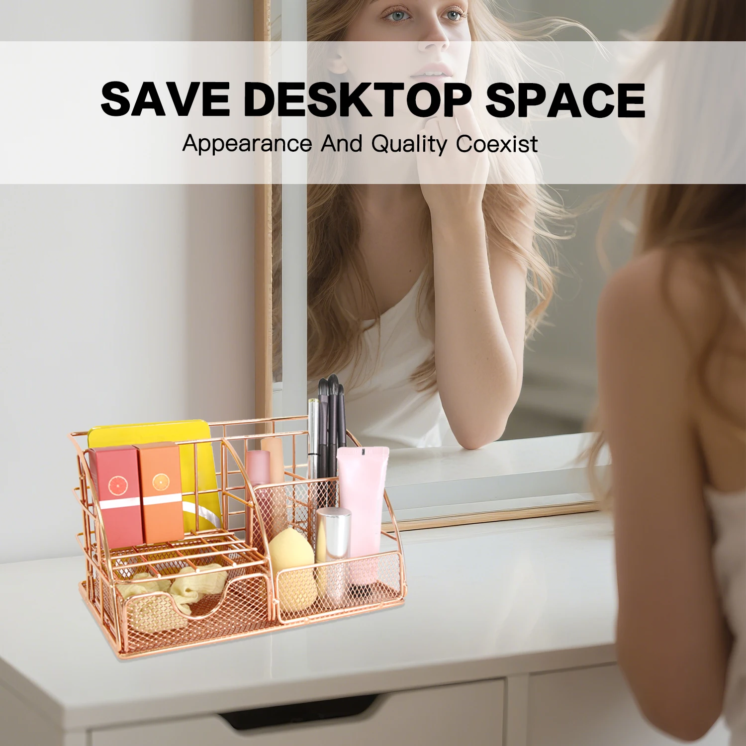 منظم سطح المكتب المعدني باللون الذهبي الوردي، شريط ملفات متعدد الوظائف، رف تخزين اللوازم المكتبية، حامل القرطاسية ومستحضرات التجميل، شركات