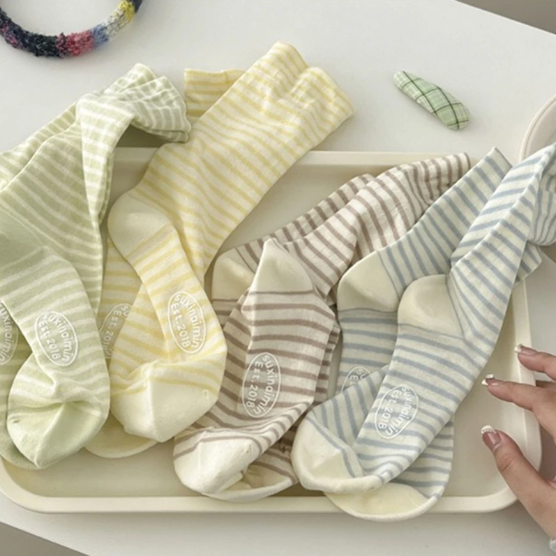6 أزواج الربيع شفاء مخطط كريم الملونة المرأة منتصف جوارب أنبوبية عادية مريحة تنوعا تنفس الجوارب النسائية 2026
