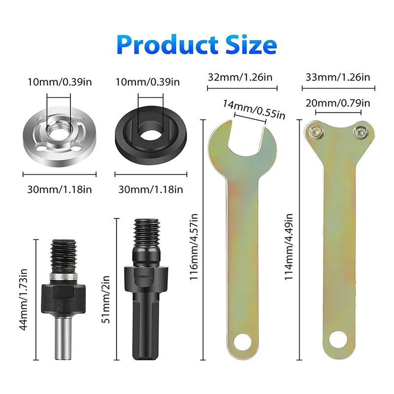 Drill Angle Grinder Adapter, 6Mm/10Mm Arbor Mandrel Adaptor with Flange Nut Parts Set and 2 Spanner Wrench