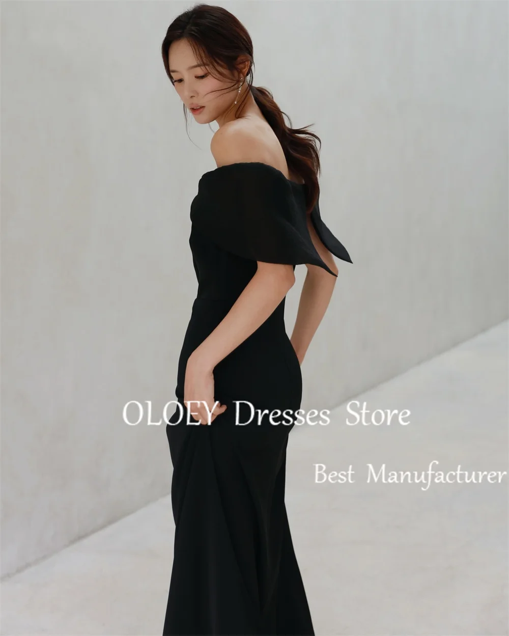 OLOEY Simple Black A Line Evening Dress Korea Photoshoot Off Shoulder Short Sleeves Silk Chiffon Wedding Party Dress Custom Made