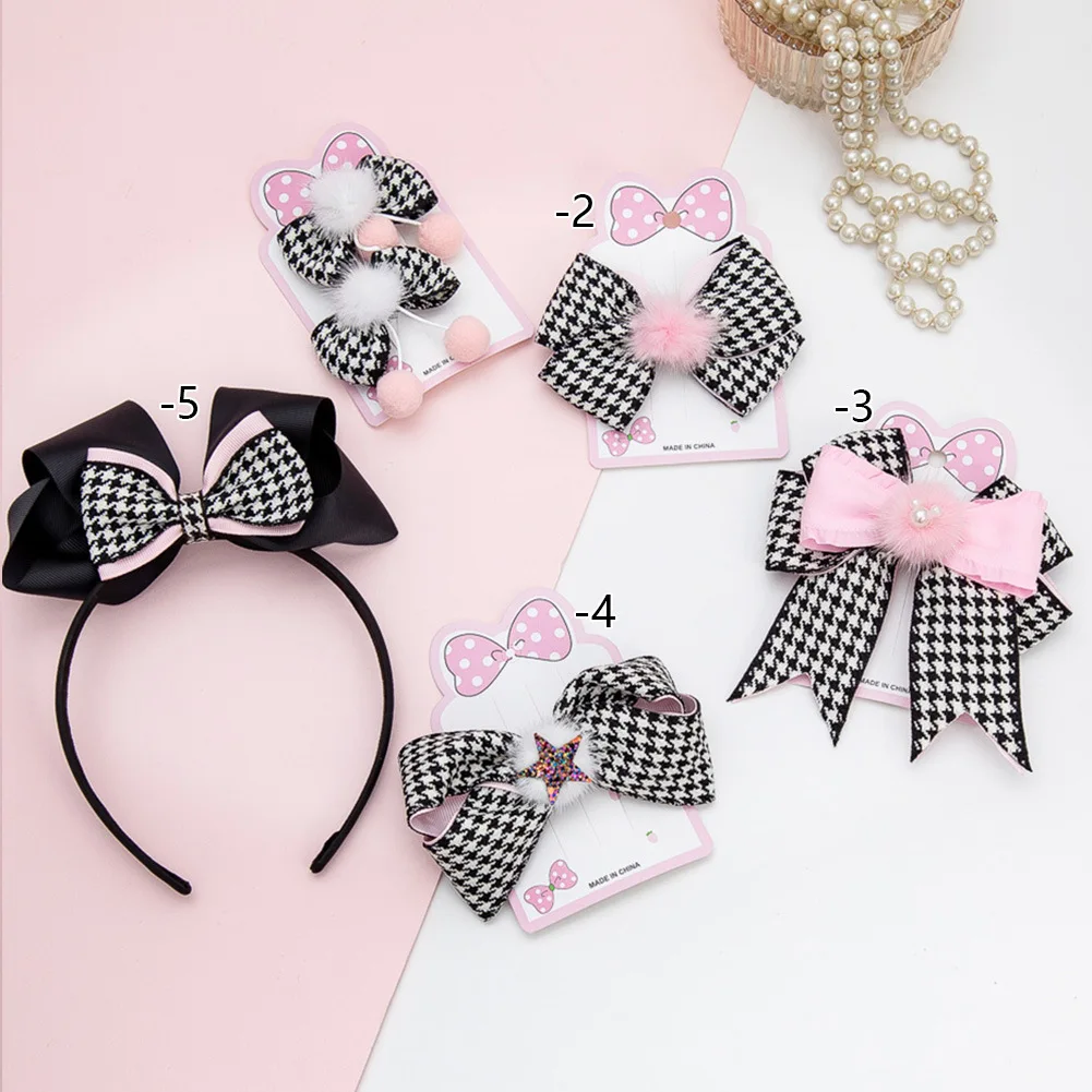 

Hair Accessories Set Girls Black Plaid Printed Fabric Bow Children Hairpins Kids Rubber Hairband Sets Bowknot Hair Tie for Baby