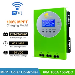 60A 100A MPPT Solar Charge Controller With Function WIFI 12V 24V 36V 48V Battery Charger Max PV Input 150VDC LCD Solar Regulator
