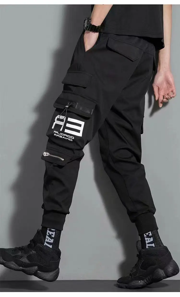 Thin Streetwear Casual Pants Men Ribbons Harem Jogging Pants Male Slim Fit Spring Cargo Pants Multi-Pockets Women Trouser J9