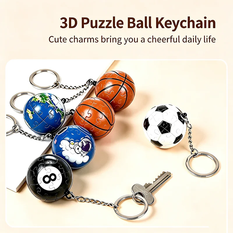 3D Sphere Puzzle Keychain Set – 24 Mini Pieces DIY Assembly Ball, Basketball Earth Moon Football, Bag Charm Gift for Kids