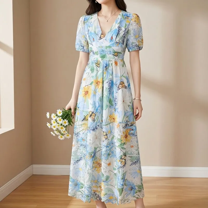 

Elegant Blue Floral Dress European Style Fairy Long Skirt V-Neck A-Line Midi Dress for Women Spring Summer Autumn