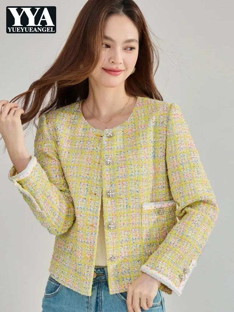 

Office Ladies Elegant Spring Autumn Tweed Jacket O Neck Long Sleeve Women Casual Short Coat Single Breasted Vintage Outerwear