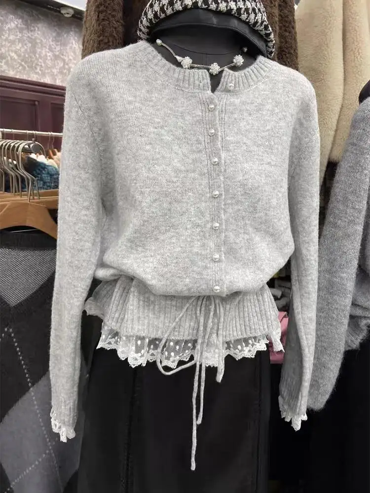 Cardigan coreano in pizzo dolce da donna primavera casual vestibilità ampia manica lunga girocollo top lavorato a maglia maglione legato in vita versatile