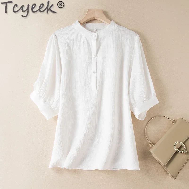 

Tcyeek 100% Mulberry Silk T-shirts for Women Summer Clothes Elegant Women's T-shirt Short Sleeve Womens Tops 2024 White Top