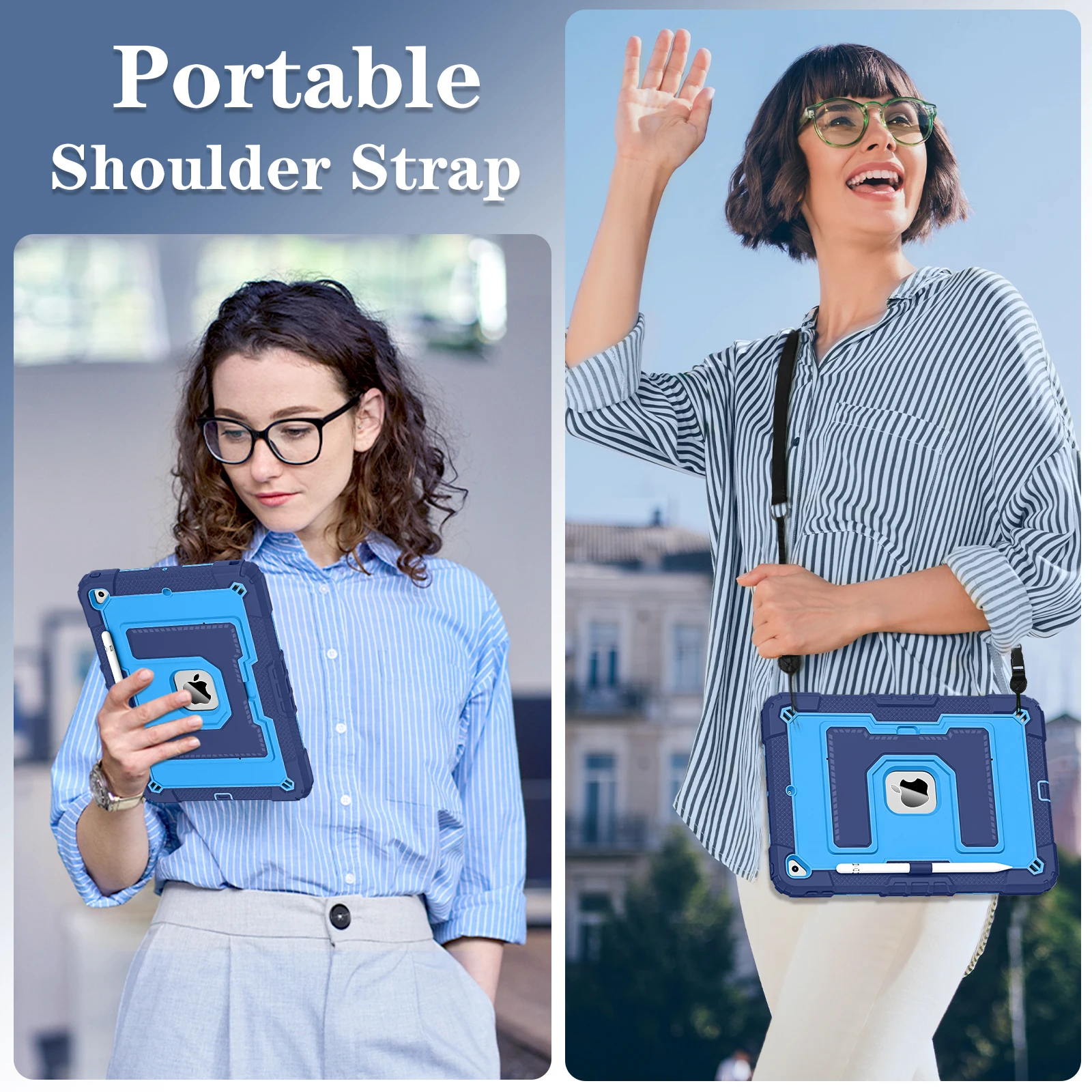 حافظة متينة شديدة التحمل لجهاز iPad 7th 8th 9th Gen 10.2 "عرض حافظة متينة مقاومة للصدمات مع حامل قلم بحزام كروس