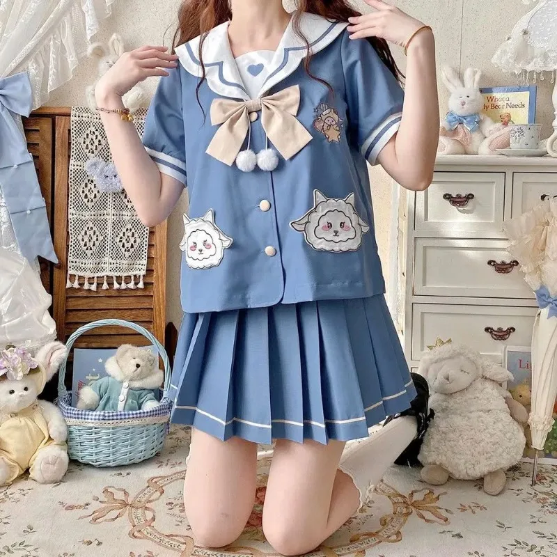 New kindergarten jk uniform spring cute long-sleeved short-sleeved sailor suit Schoolgirls Sailor Tie Pleated Skirt Outfit Women