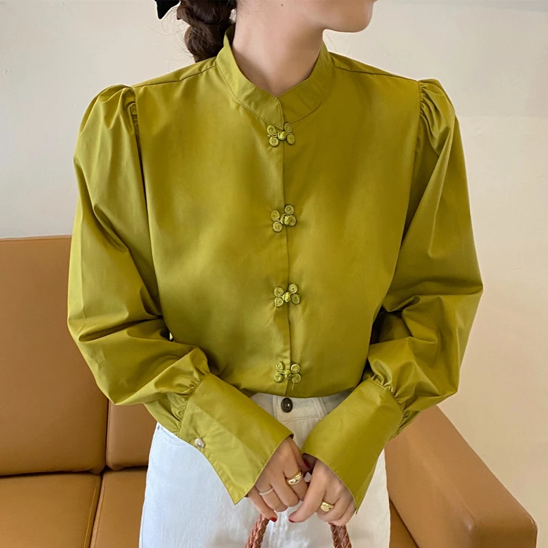 

Chic Early Spring Retro National Sle Pure Color Bubble Sve irt Women's Design Sense Elegance Top Women's Faion