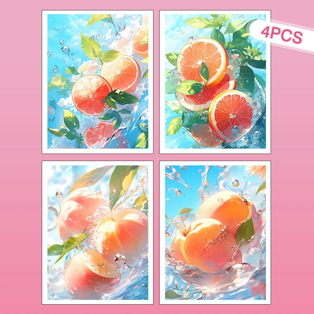 HUACAN 4-teiliges Rundes Diamant-Mosaik 5D Orange Frucht Diamantmalerei Pfirsich Küche Landschaft Heim-Dekoration Strass DIY
