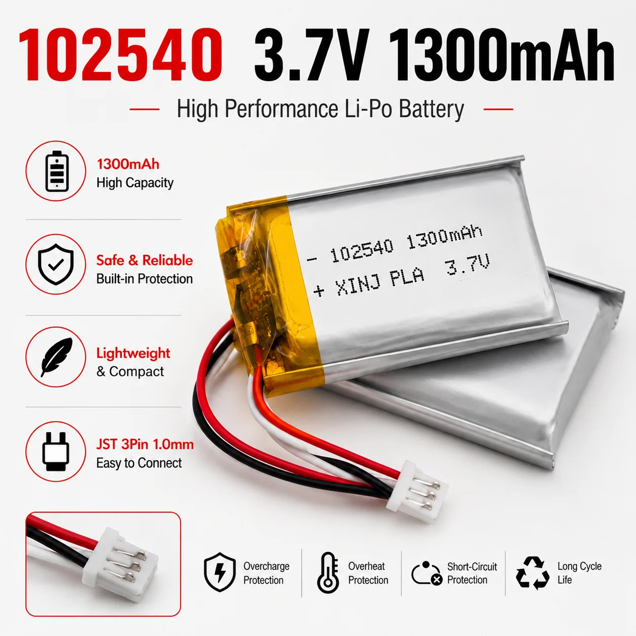 102540 3.7V 1300mAh LiPo Battery with Thermistor 3 Wires JST 1.0mm 3Pin for Driving Recorder Satnav