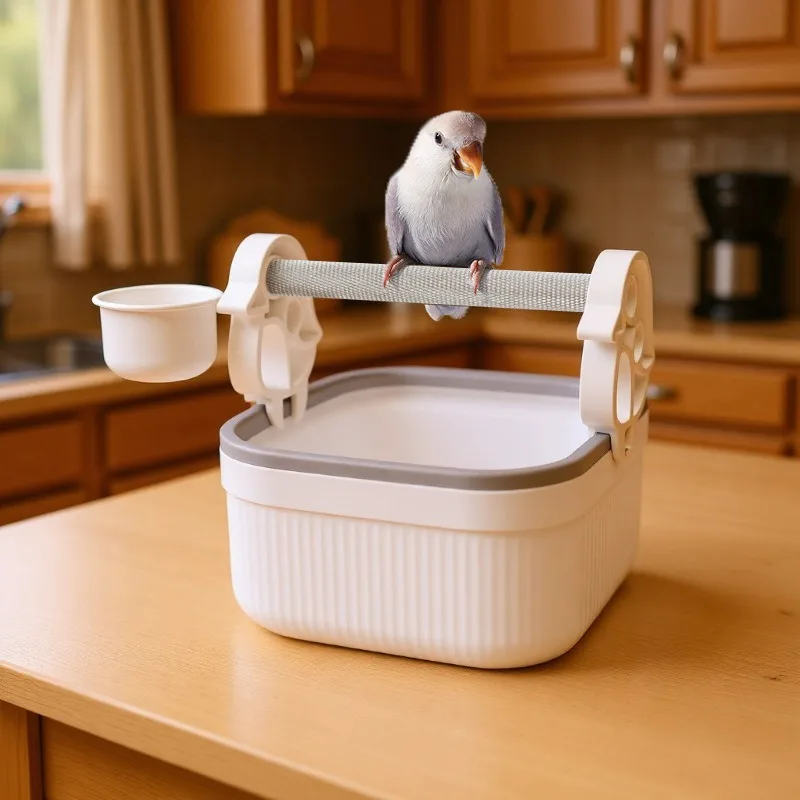 

Bird Tabletop Training Stand with Detachable Poop Bucket Fixed Toilet Area Beak Claw Grinding Rod for Small Medium Parrot