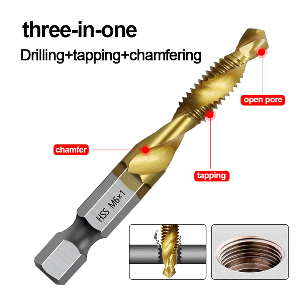 Tap Drill Titanium Plated Hex Shank HSS Screw Machine Compound Hand Tools M3 M4 M5 M6 M8 M10 Metric Thread Tap Drill Bits Set