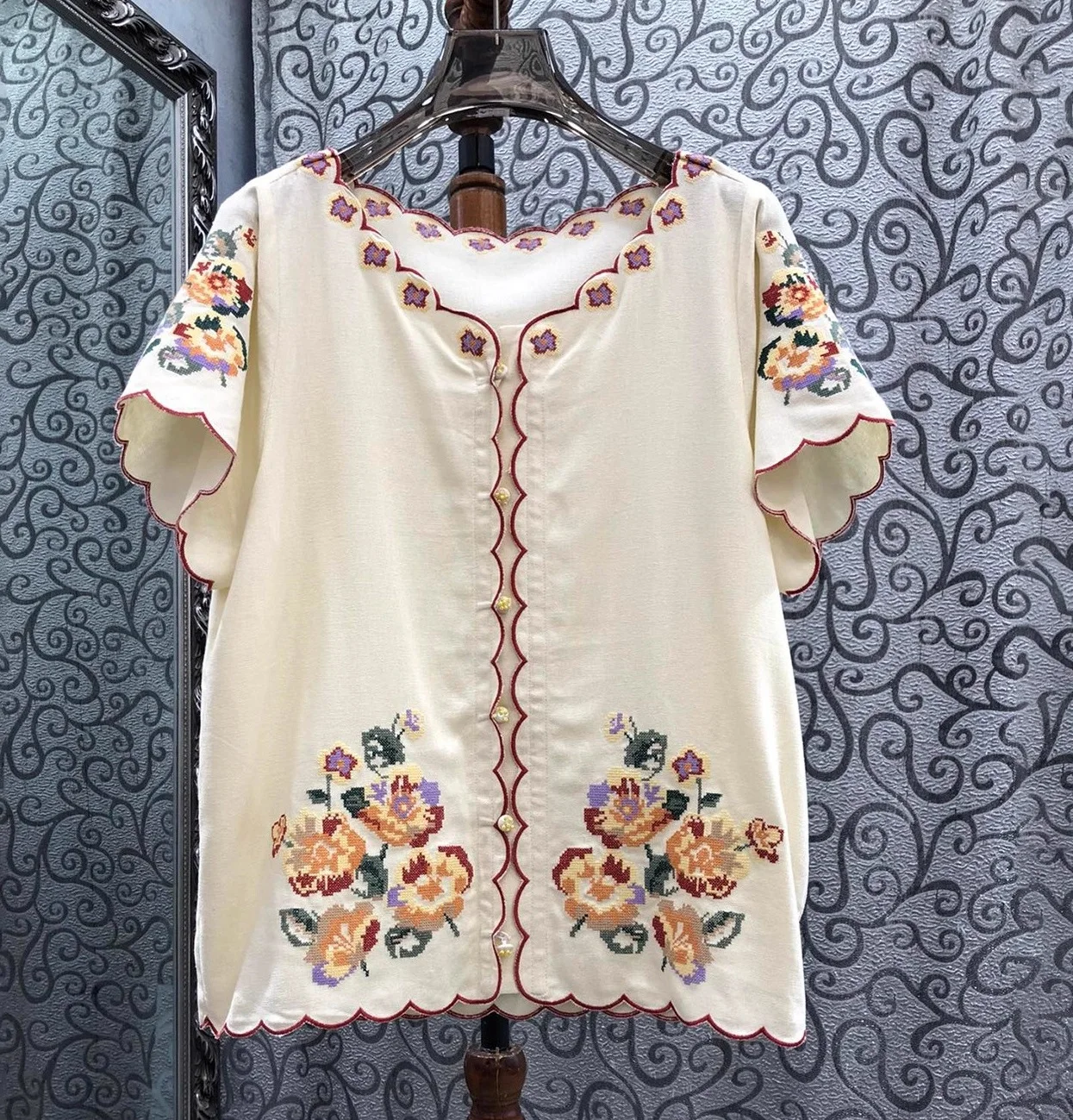 

New Arrival Shirt 2025 Autumn Fashion Designer Blouse Women Lurex Embroidery Flower Patterns Short Sleeve Cotton Linen Shirts