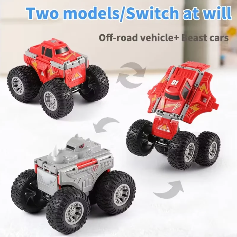 Children's simulated off-road vehicle with double-sided deformation inertia cartoon dinosaur resistant toy car