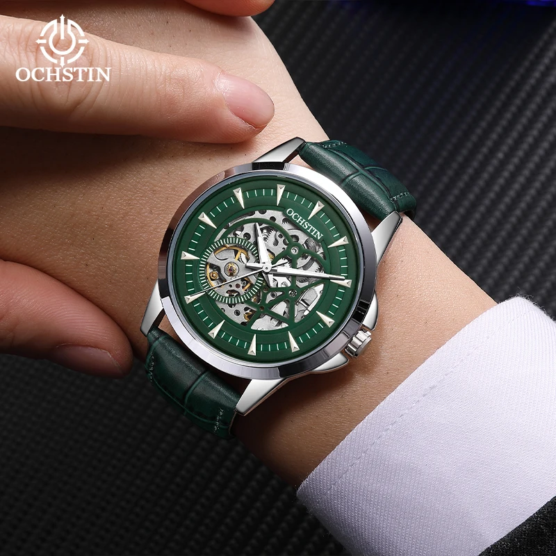 

Мужские наручные часы OCHSTIN с ремешком из натуральной кожи, механический скелетонизированный механизм, водонепроницаемые, классические, модные