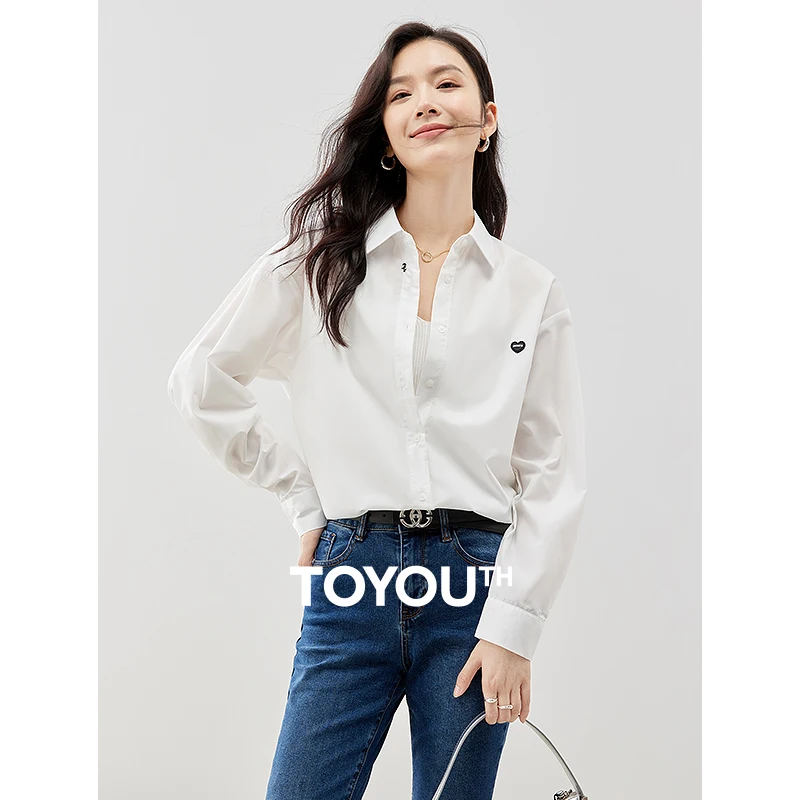 TOYOUTH Women Blouse Shirt 2025 Spring New Love Pattern Embroidered Basic Versatile Shirt Tops Multi Color