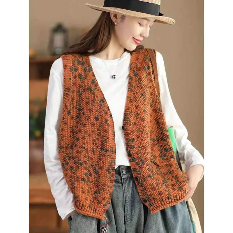 

Ladies New Retro Printed Soft Knitted Vest Loose Vest Literary Vest Cardigan Sweater Cardigan Vest Button Pocket V-Neck Coat