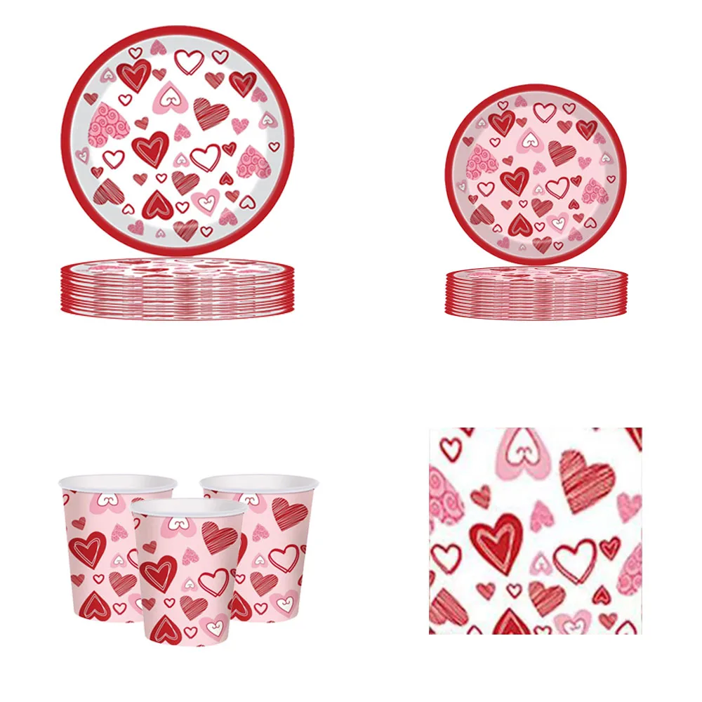 8pcs Heart Shaped Party Disposable Tableware Wedding Engagement Decorations Red Plates Cups Valentine's Day Bridal Shower Decor