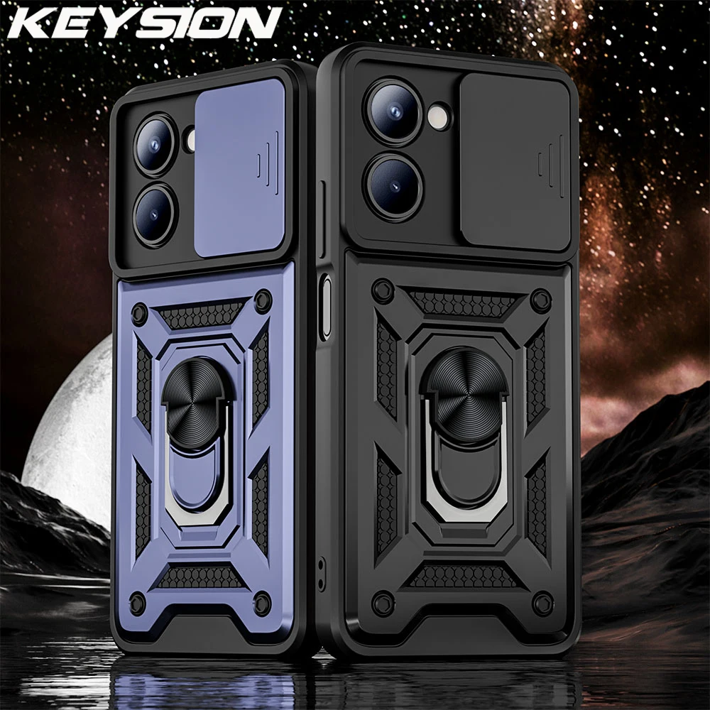 

KEYSION Shockproof Armor Case for Realme C33 C53 C30 C35 Slide Camera Lens Protection Ring Stand Phone Cover for OPPO Realme C33