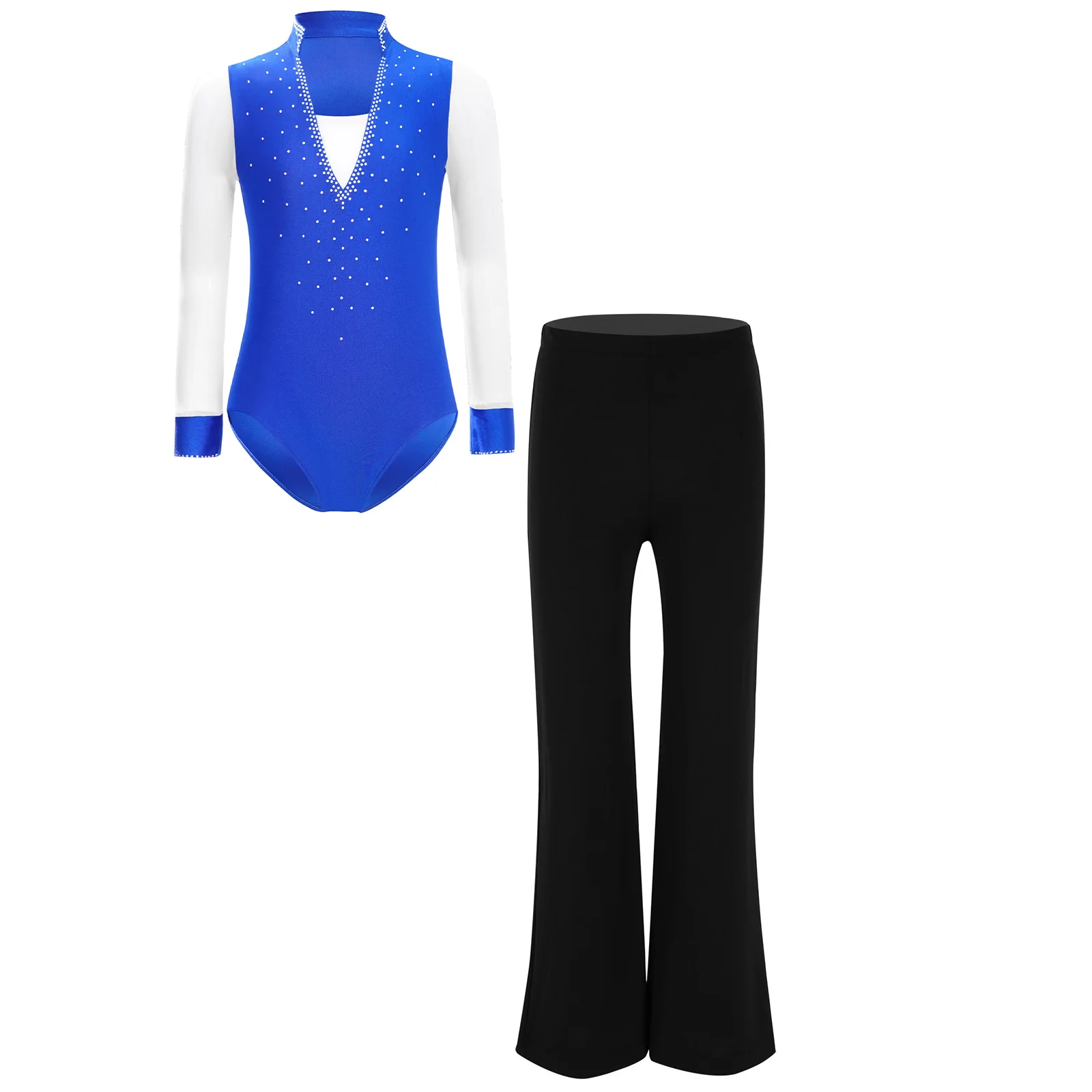 

Boys Figure Skating Leotards Jazz Tango Dancewear Long Sleeve Rhinestones Ballet Bodysuit with Pants for Performance Competition