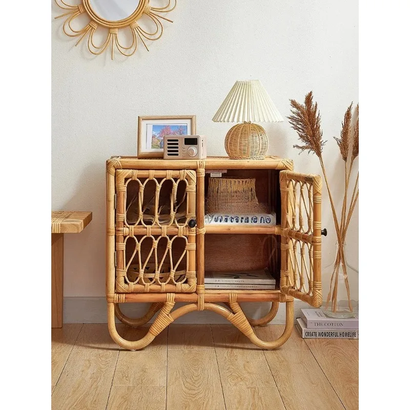 GZ-7  Natural Real Rattan Bedside Side Cabinet Double Door Living Room Storage Shoe