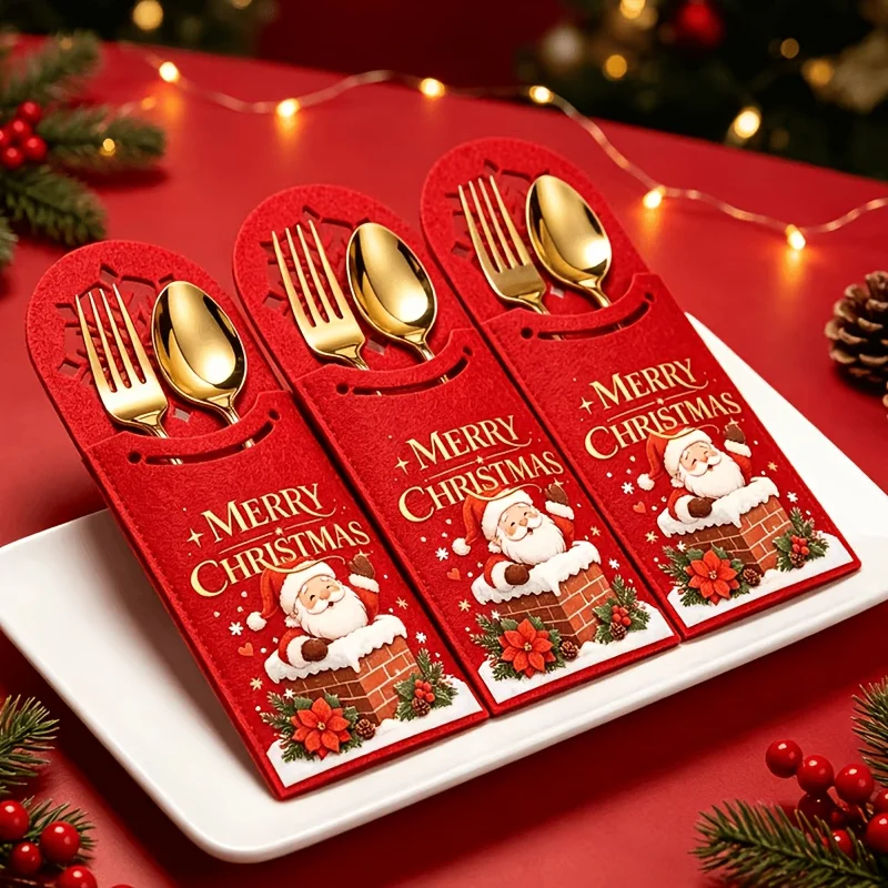 12pcs Christmas Red Tableware Bags, Felt Santa Claus Printed Fork Covers, Christmas Cut-Out Snowflake Decorated Tableware Set