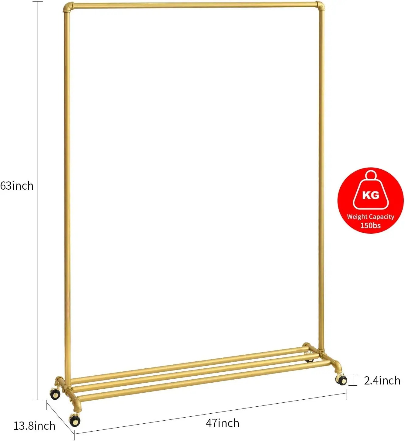 Rolling Gold Clothing Racks on Wheels,Retail Display Industrial Pipe Clothing Racks for Hanging Garment Racks for Boutiques,Home