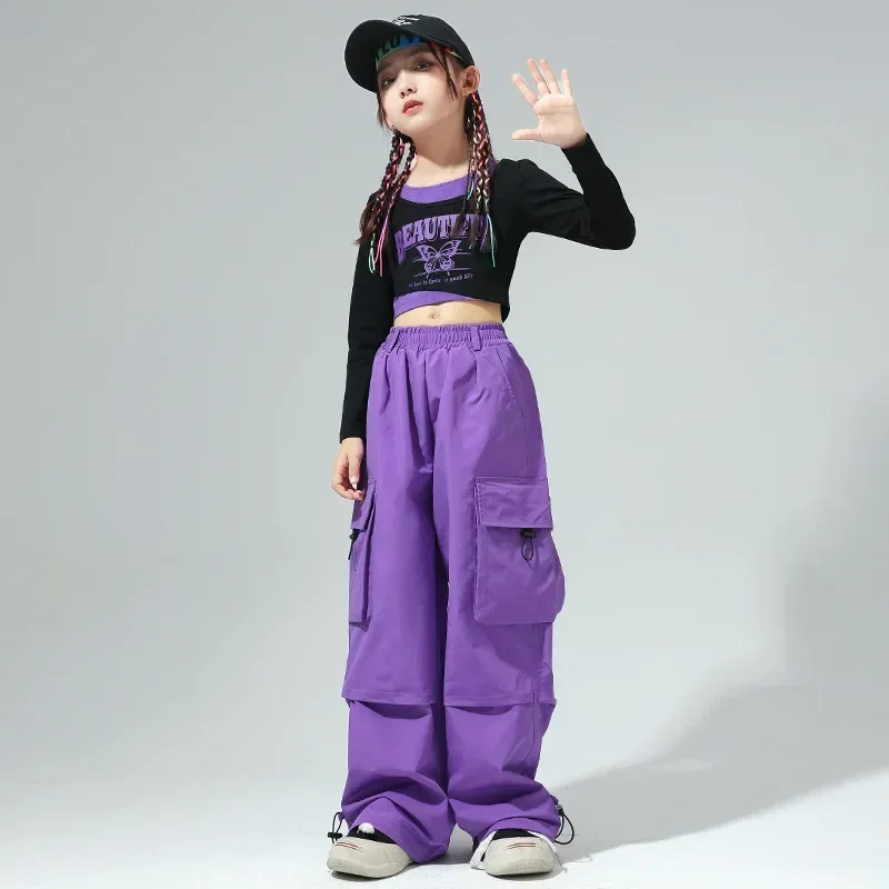 Trajes de moda de baile callejero para niños, ropa de Hip-hop de rendimiento de Jazz para niñas, pantalones de pierna ancha geniales a juego de colores, envío directo