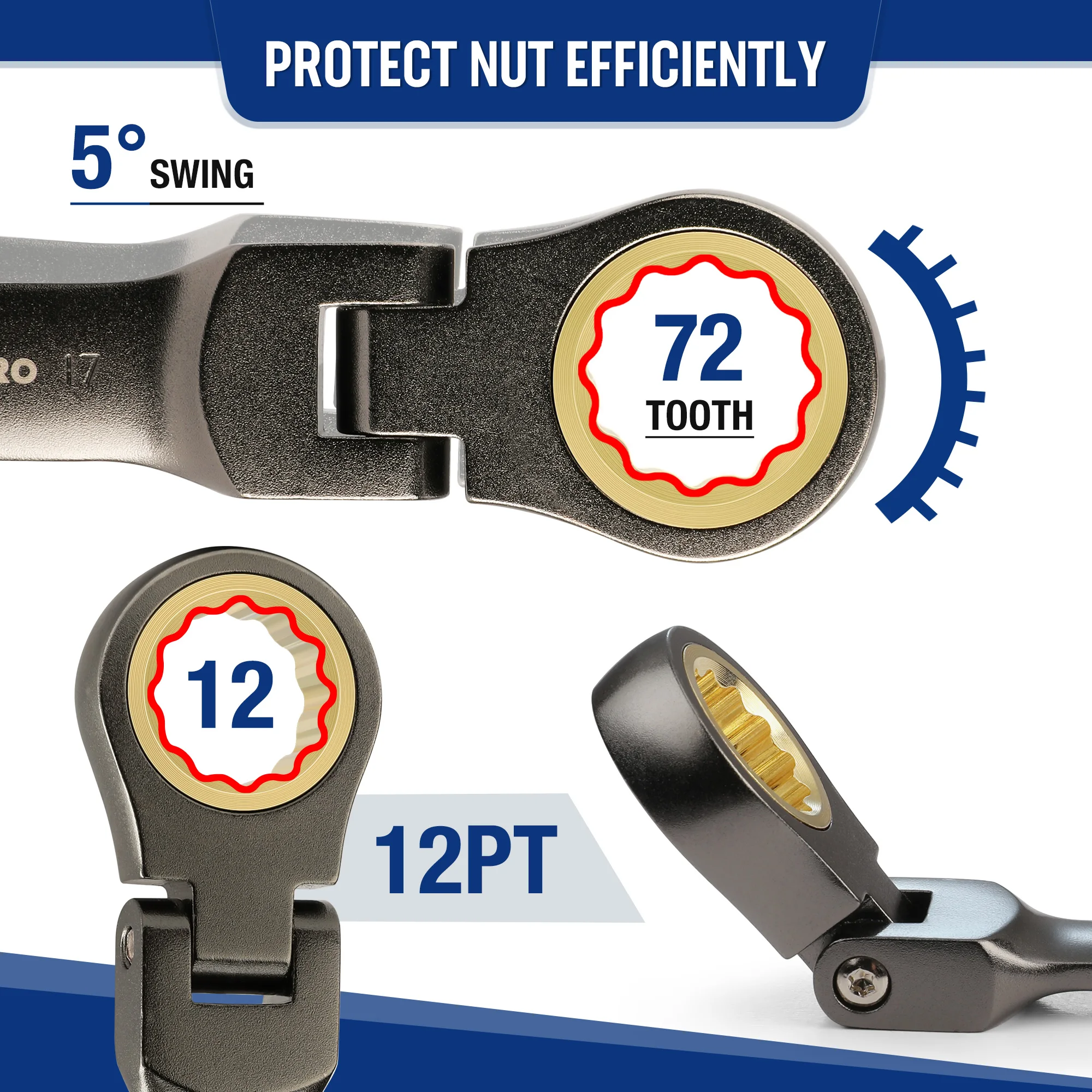 WORKPRO 8-delige flexibele kop stompe ratelcombinatiesleutelset, SAE/metrisch 72-tanden, CRV, 5/16-3/4 in vernikkeld