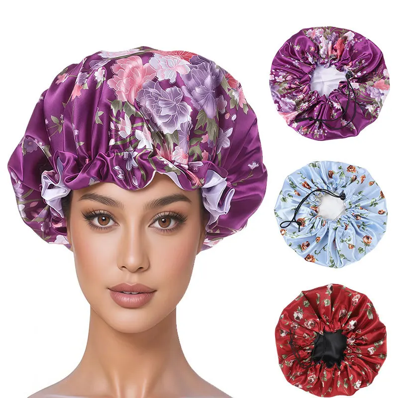 Floral Print Double Sided Satin Shower Cap Adjustable Silky Hair Bonnet for Women Bath Spa Swimming Hair Care
