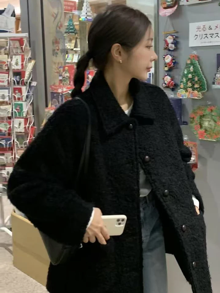 Retro Korean Style Women's Woolen Coat Warm Single Button Flip Collar Outerwear Medium Length Fashionable Autumn Winter Coat