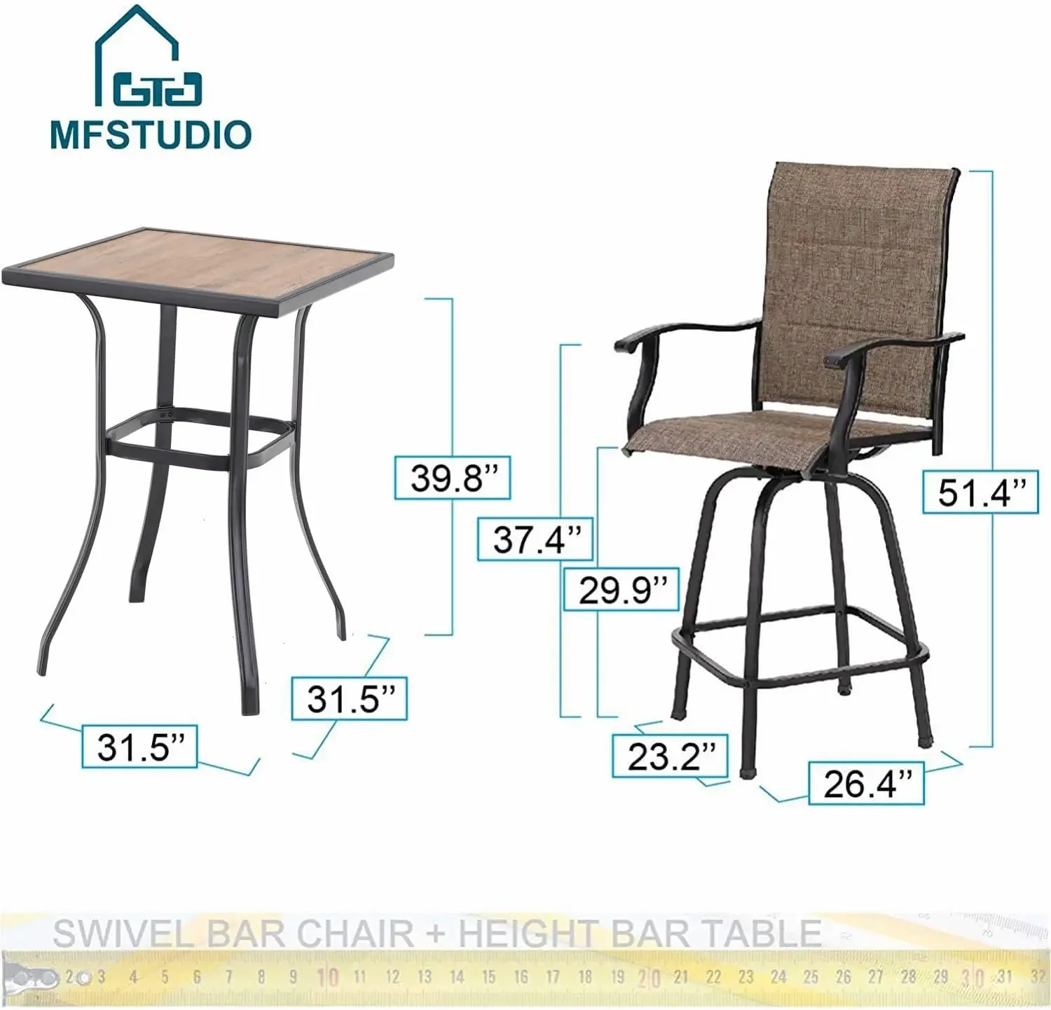 Juego de Bar de Patio con 2 taburetes giratorios (acolchados de algodón), 3 piezas, 1 mesa, juego de Bistro de altura de Bar para 2