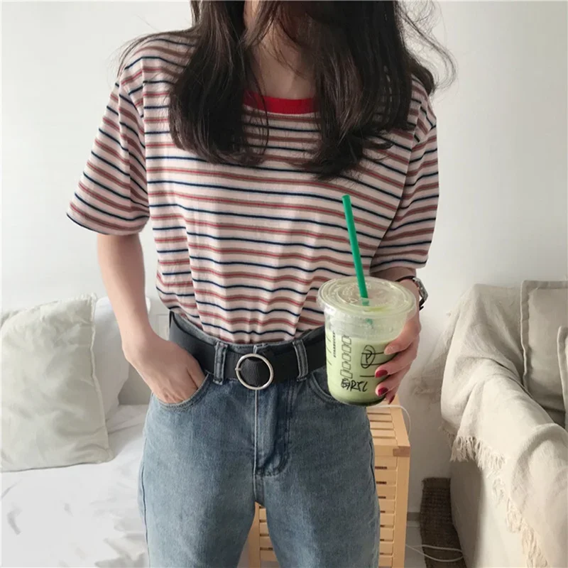 

Women's Summer Fashion Casual T Shirt Short Sleeve Korean Style O-Neck Striped Loose Tee