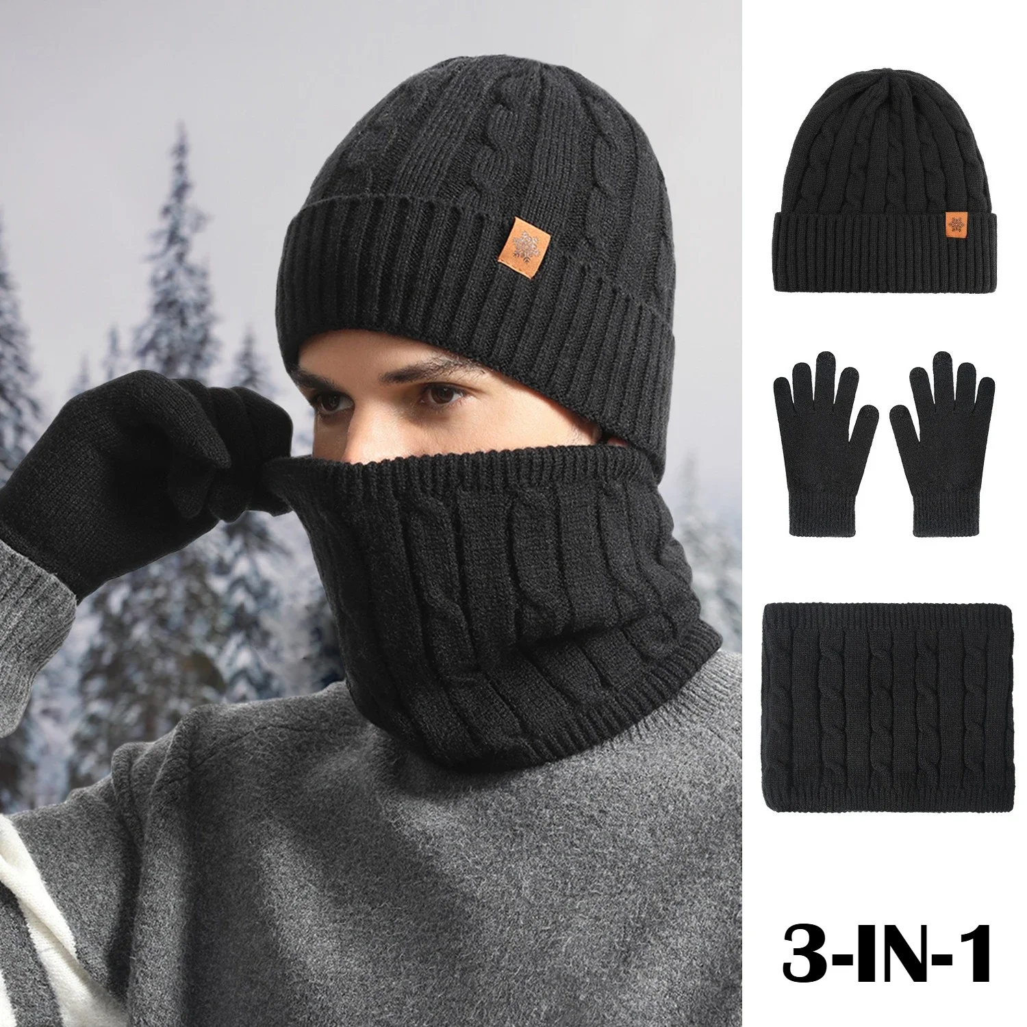 

New 3-in-1 Winter Hats Scarf Gloves Set Comfort Thick Fleece Warm Set Ideal for Mens Winter Outdoor Activities (Cycling, Hiking)