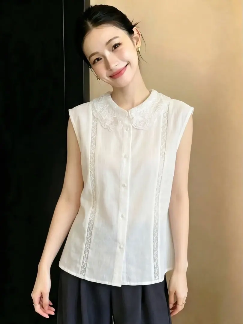 Elegante Camisa sin Mangas con Cuello de Encaje para Mujer, Estilo Veraniego, Cintura Ajustada, Look Juvenil y Elegante, Fibra de Poliéster U2