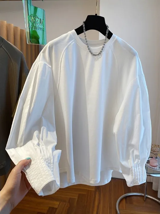 

Loose Long Sleeve White Shirt Patchwork Sweatshirt Inner Wear Top Women's Casual Style Cotton Blend Comfortable Fit Shirt