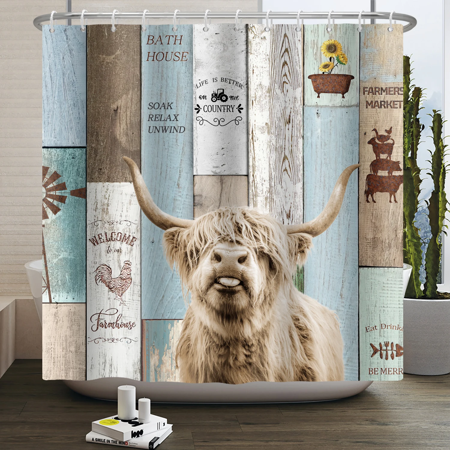 Farm Animals Shower Curtain Cute Funny Cow Chicken Pig Flower Horse Wood Farmhouse Barn Rustic Shower Curtain for Bathroom Decor