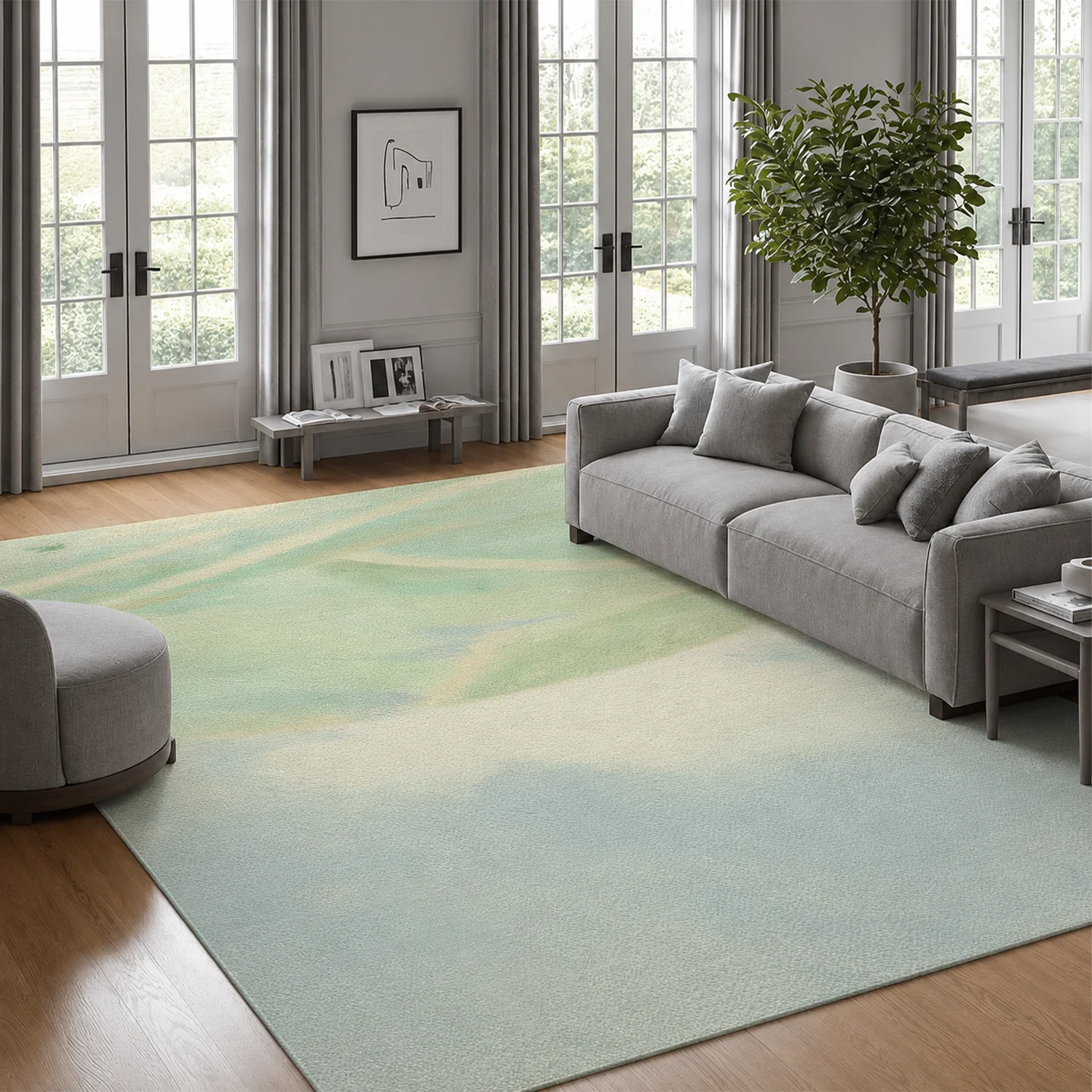 Large Indoor Area Rug, Soft Velvet Low Pile Non-Slip Dotted Backing, Machine Washable Watercolor Botanical Pastel Green Blue Rug for Living Room and Bedroom