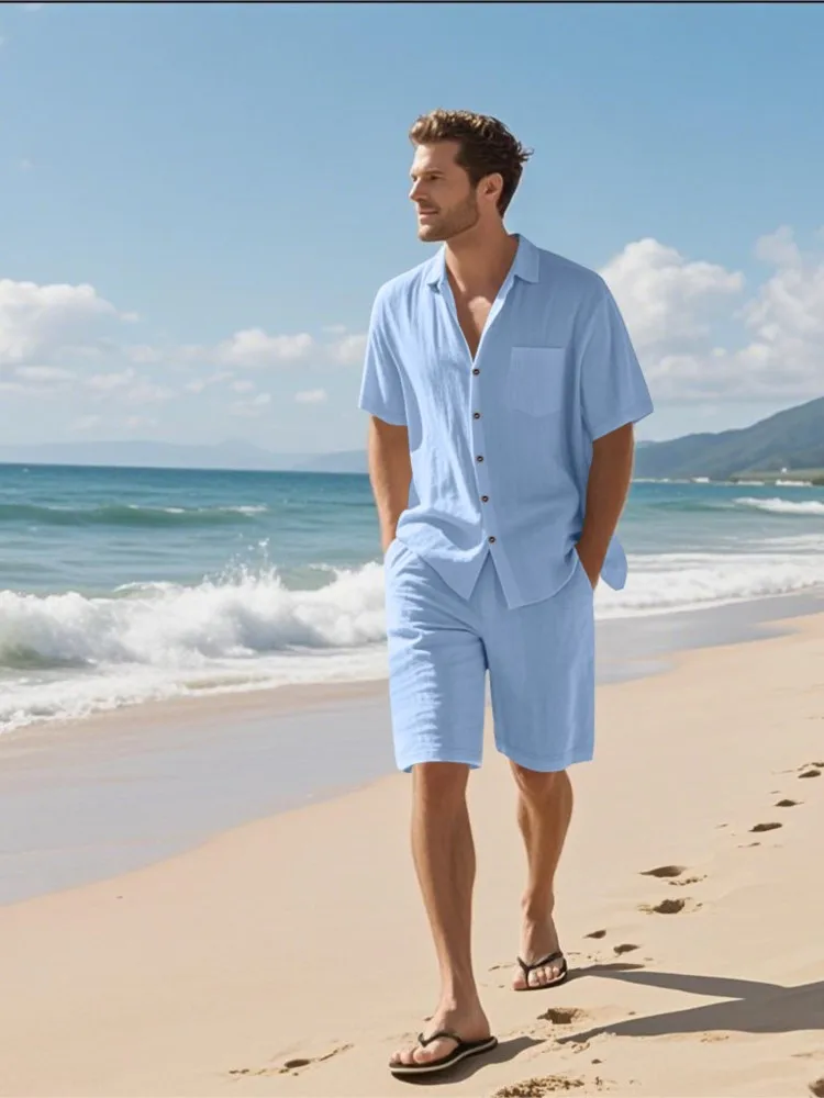 

Summer Cotton Linen Casual Home 2 Piece Set For Men's Fashion Beach White Short Sleeve Shirt And Shorts Two Piece Sets Tracksuit