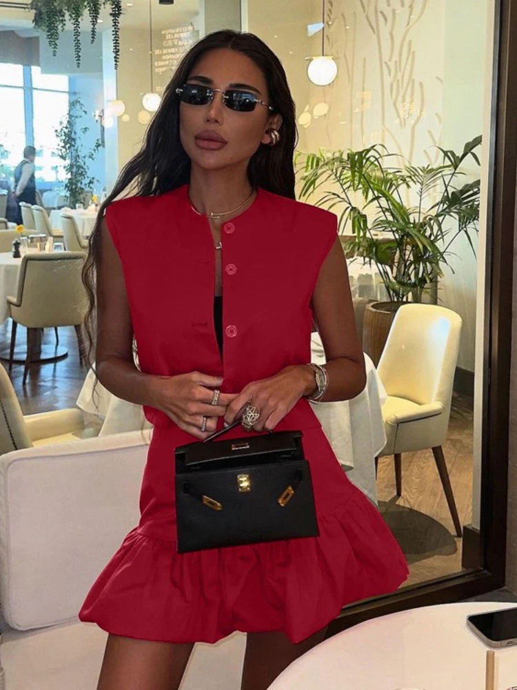 

FDYOUI Women's Chic Sleeveless Single Breasted Vest+Pleated Skirt 2 Pieces Set Red Short Evening Party Dresses Suit High Street
