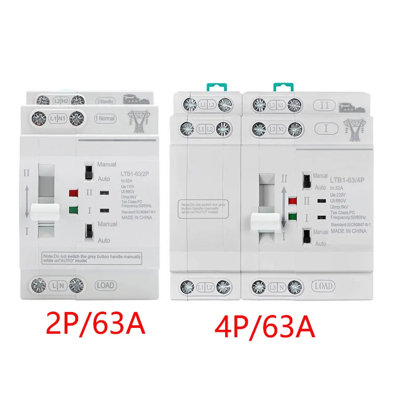 ATS 220V PC Dual Power Automatic Transfer Switch 2P 4P 63A Household Power Transfer Switch 50/60Hz