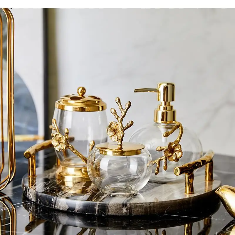 

Light Luxury Bathroom Accessories Brass Transparent Crystal Glass Lotion Bottle Storage Tank Cotton Swab Box Marble Storage Tray