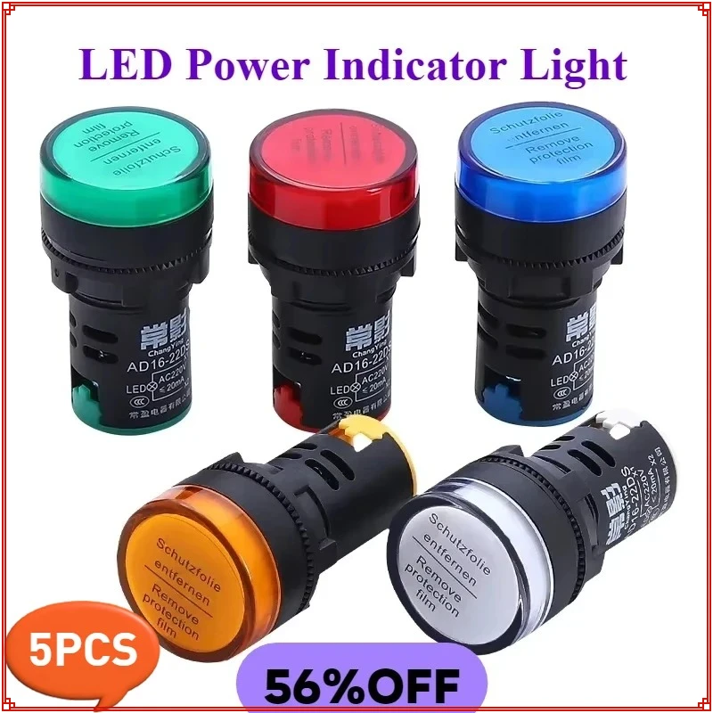 5pcs 22mm LED Indicator Light 12V 24V 110V 220V Panel Mount LED Power Pilot Signal Light Lamp AD16-22DS Universal AC DC