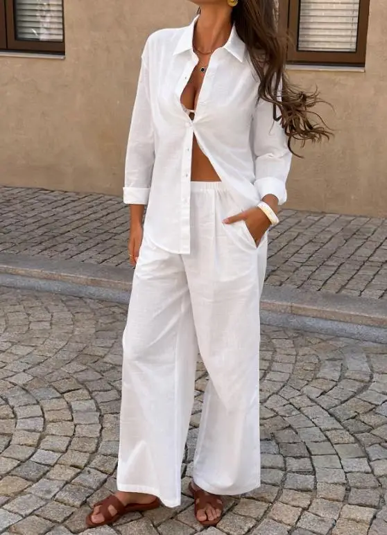 

2026 Spring/Summer New Women's Fashion Leisure Vacation Style Pure Cotton Long sleeved Pants Set Women's Clothing