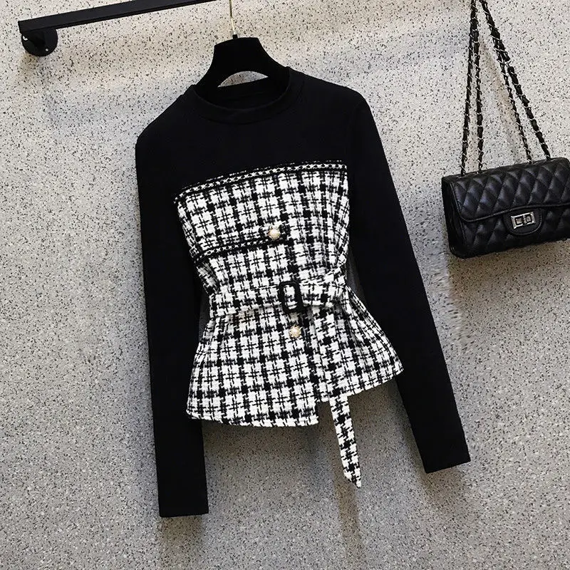 Plaid Patchwork Belt Decoration Long-sleeved T-shirt Casual Pencil Pants Two-piece Elegant Women\'s Pants Suit Street Outfits